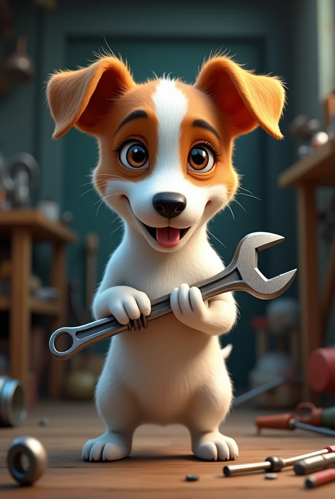 Jack Russell terrier with wrench in hands