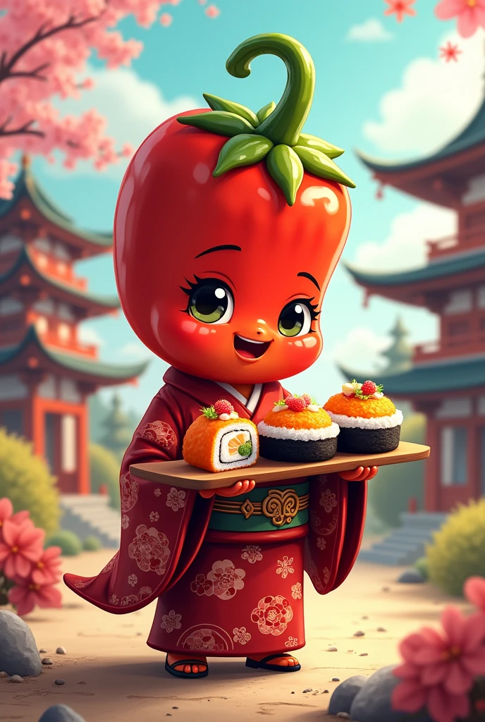 Letters that say Sushi&#39;lito with a Chile in Japanese clothing with sushi in a cartoon 