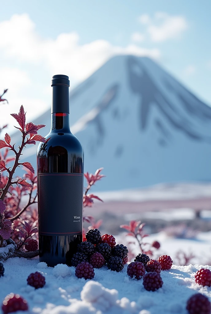  snowy volcano,  blackberry plant and bottle of blackberry wine