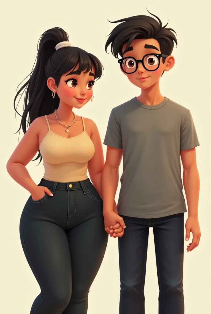 A couple arm in arm, The girl is smiling, she is of robust build with wide legs, small ears and light complexion., wide nose big brown eyes hair in a bun and straight curtain bangs, She wears a beige tank top and black jeans. The boy with a thin build, tez morena, He wears square glasses, a wide nose, small eyes, short dark straight hair, small ears, and wears black jeans and a gray t-shirt. He is the protagonist of a Disney Pixar movie. Digital art.