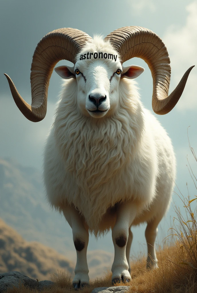 A fat white ram with huge horns on which is written astronom