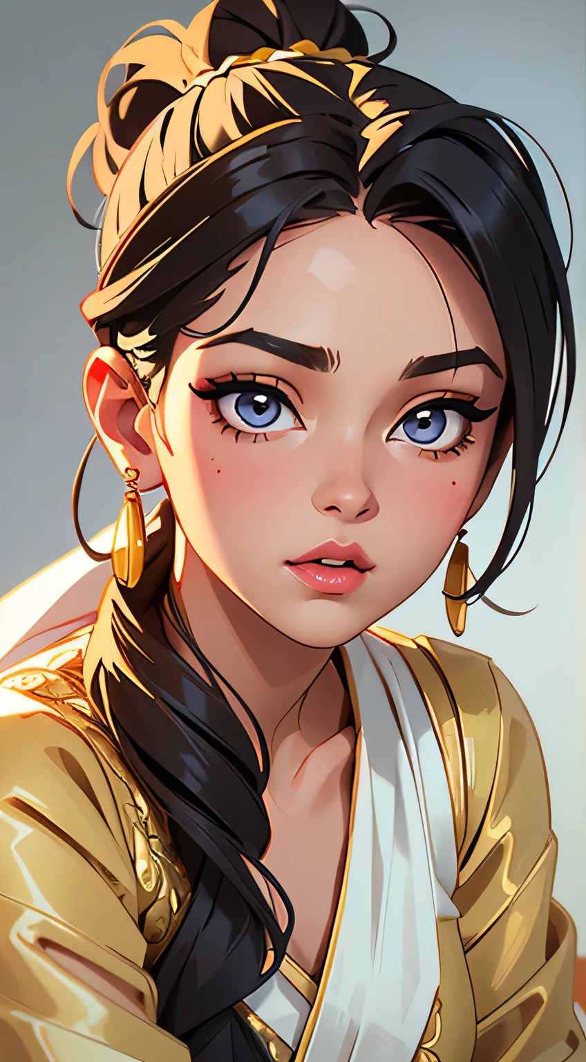 Amazing portrait of a sexy woman with her hair tied back in a low bun with her eyes emphasised by smokey eyeliner gazing at us seductively with her perfect lips parted wearing gold blouse and a white saree with gold embroidery