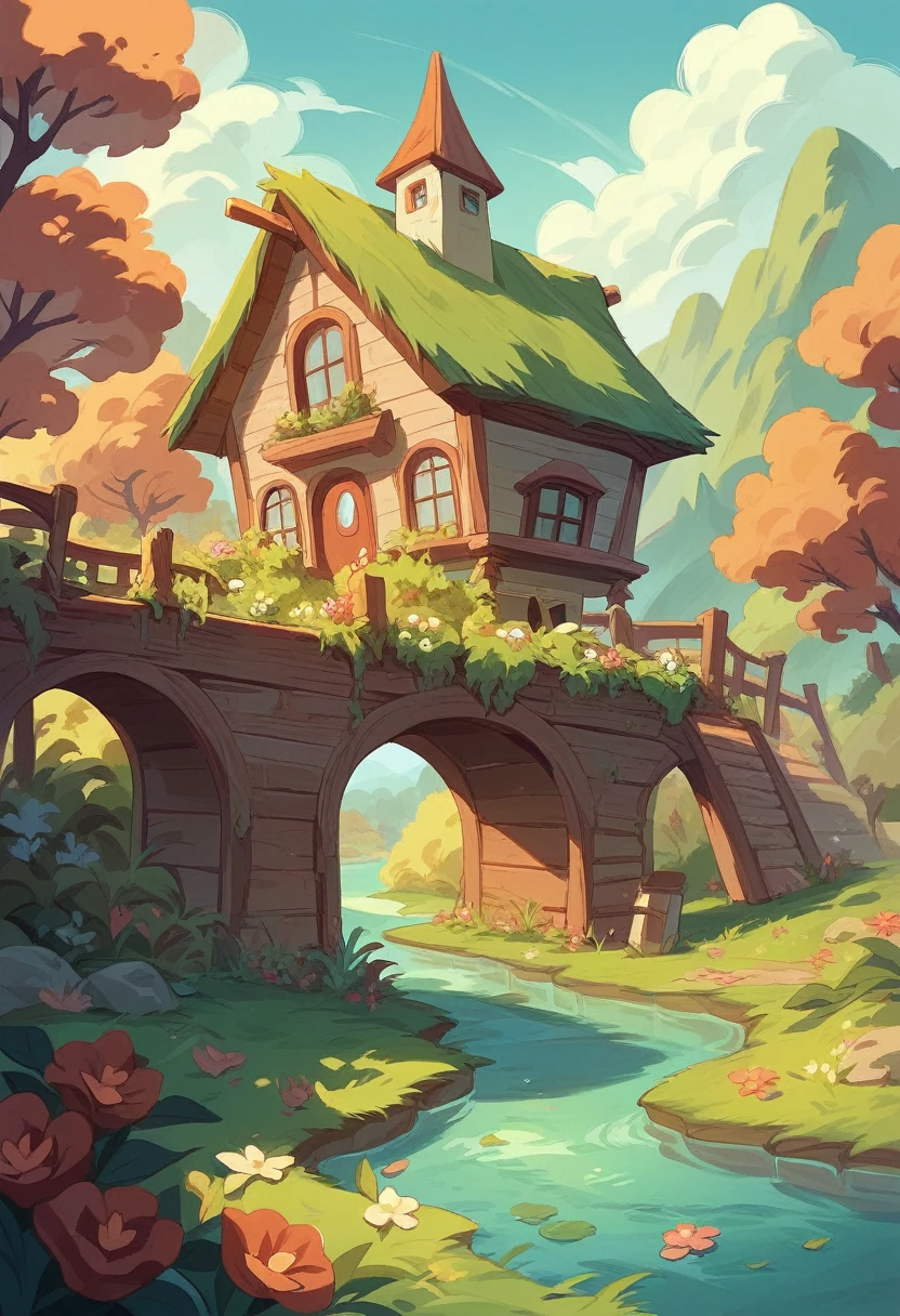 A beautiful house in the middle of the valley surrounded by numerous tall tress with a river crossing with beautiful wooden bridge river bank surrounded by numerous flowers