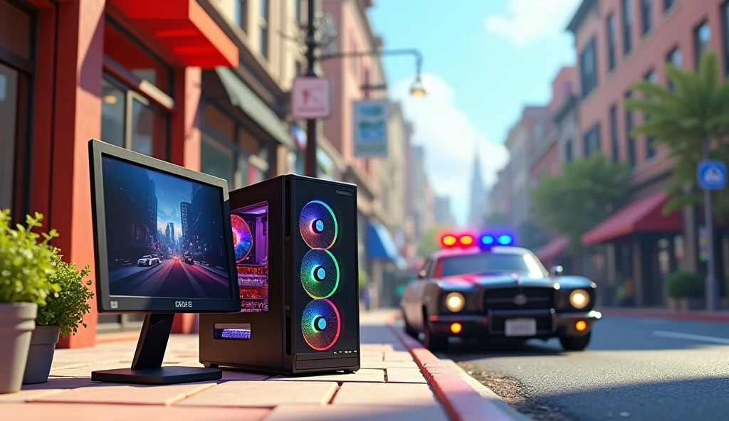 Im Stil von Pixar 3D-Animation filmen. A gaming PC and monitors stand on the street in front of a police car.