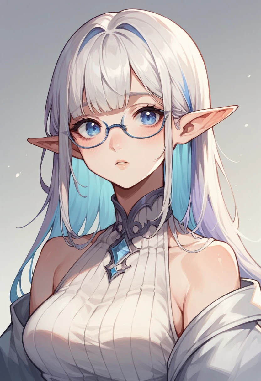((masterpiece)), ((best quality)), (ultra-detailed), ((perfect anatomy)), cute, illustration, 10 yo, a cute girl, 1girl, solo, ((flat chest)), ((thin thighs)), beautiful silver hair, short hair, messy hair, ponytail, beautiful red eyes, upturned eyes, red glasses, hair ornament, ((elf)), smile, off shoulder top, ((looking at viewer)), ((portrait)),