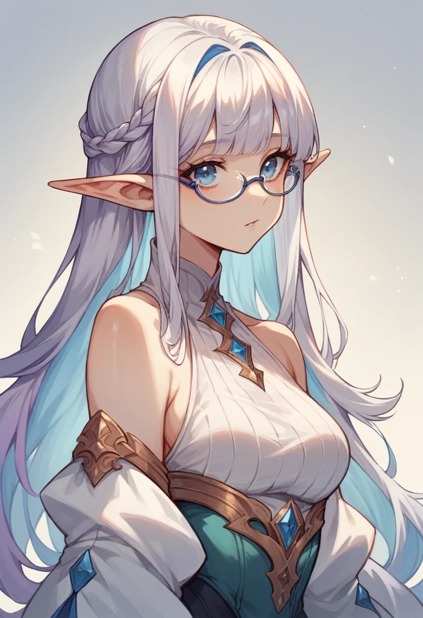 Young woman, Two-tone hair, White hair, light purple strands, Small glasses, Beautiful blue eyes, elf ears, straight bangs, long hair, fantasy clothing ((high resolution))