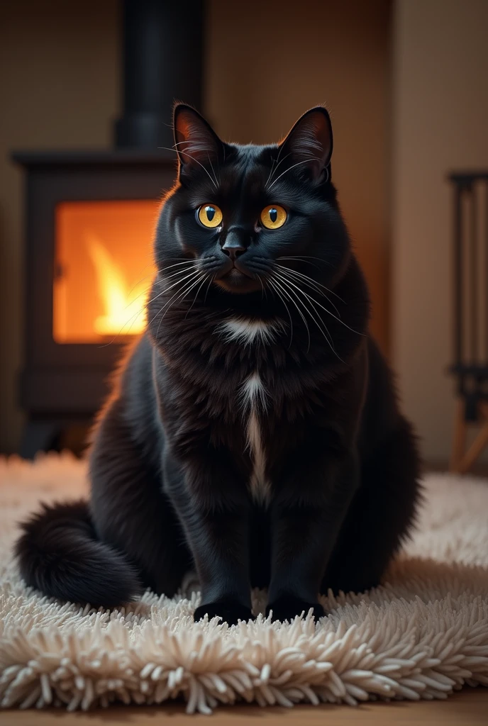 A beautiful black cat, a little big for being a teenager, with white paws, a white belly, a wide muzzle and mouth and yellow eyes, lying in a house on a rug with a fireplace behind it.