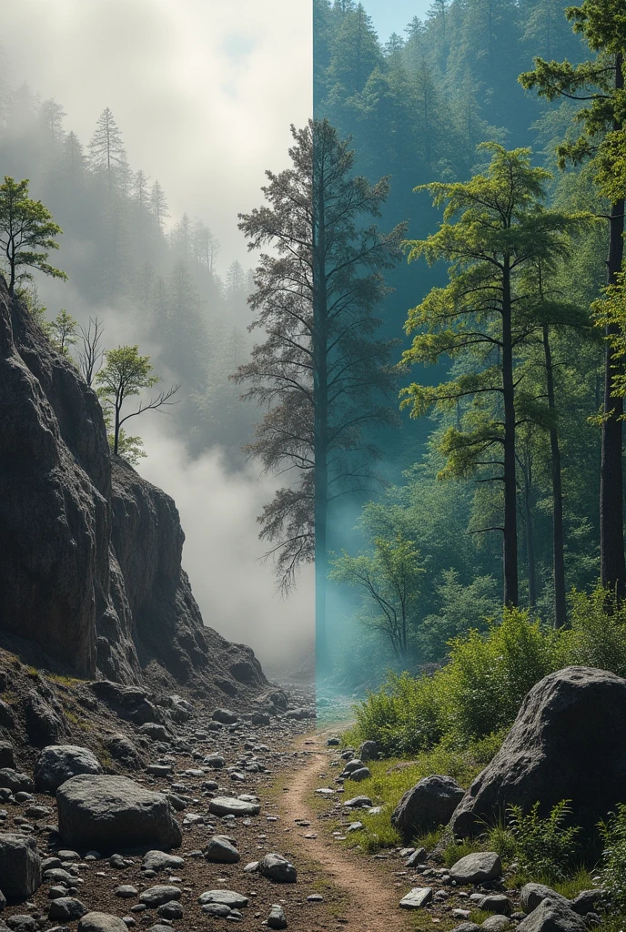 A collage of black and white photographs of desolate scenes (devastated landscapes, animals in danger) are merged with vivid color images of the same scene in its recovered state (green forests, healthy animals). The transitions between black and white and color images create a sense of hope and change..