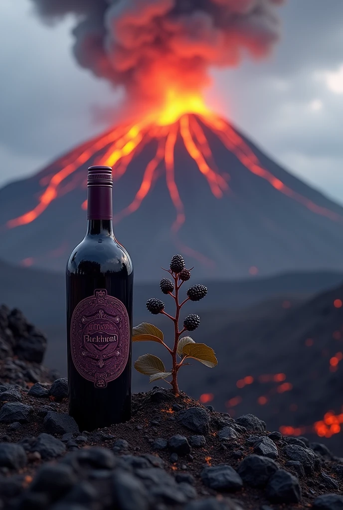 volcano , blackberry plant and bottle of blackberry wine