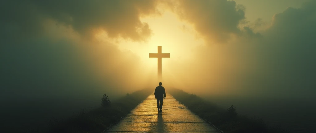 a man walking in midlle to the golden of light to huge cross on a paved road foggy overcast day with huge cloud in sky