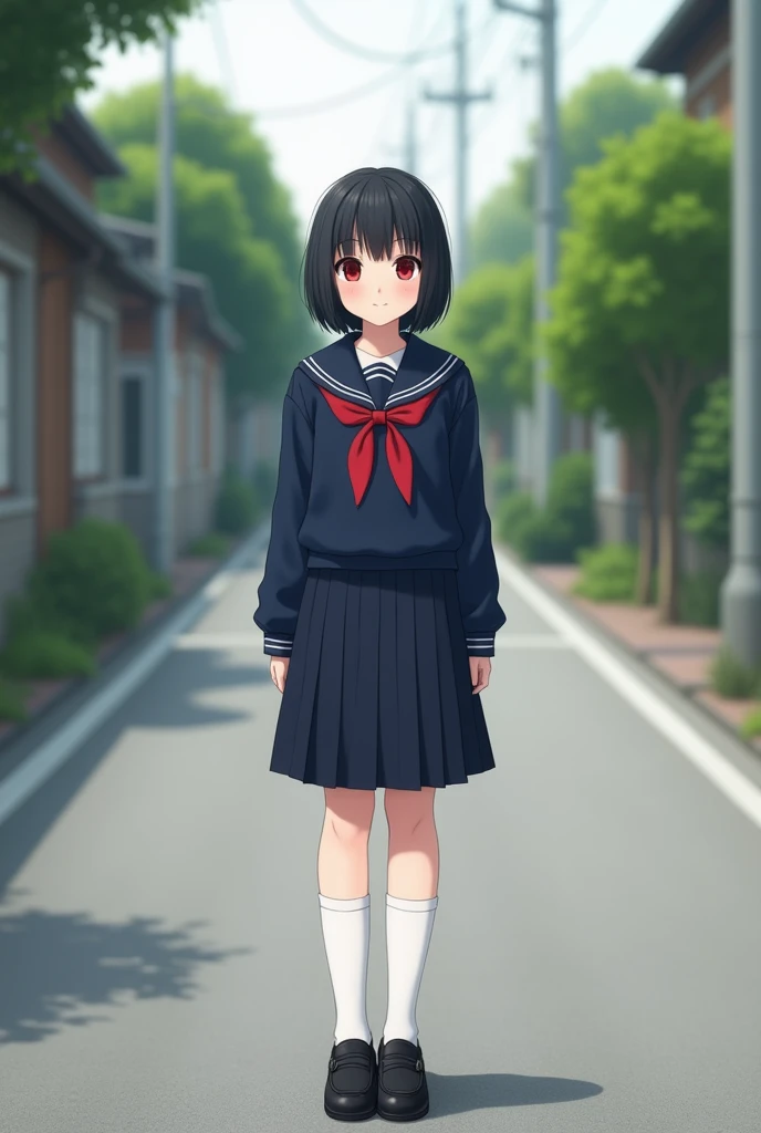 Standing in an empty rural alley in Japan、high school girl、Black short hair、Navy long-sleeved sailor suit、skirt,Deep red eyes、barefoot、Cool smile、Full body portrait,Black Loafers,White socks