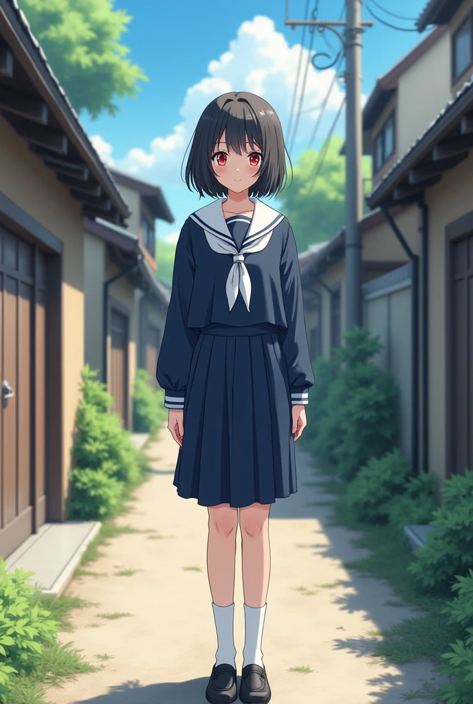 Standing in an empty rural alley in Japan、high school girl、Black short hair、Navy long-sleeved sailor suit、skirt,Deep red eyes、barefoot、Cool smile、Full body portrait,Black Loafers,White socks