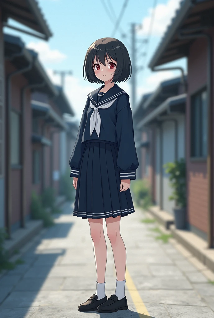 Standing in an empty rural alley in Japan、high school girl、Black short hair、Navy long-sleeved sailor suit、skirt,Deep red eyes、barefoot、Cool smile、Full body portrait,Black Loafers,White socks
