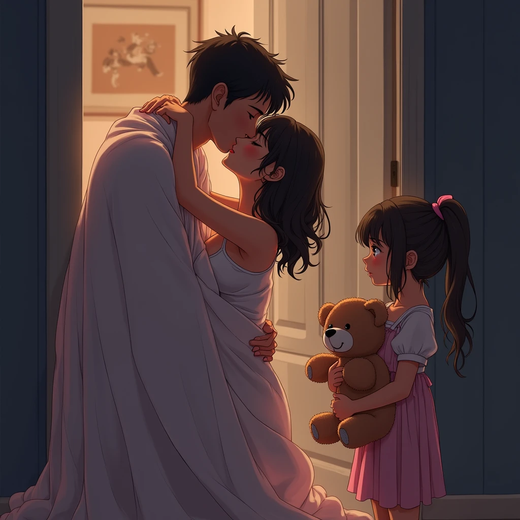 a man and a woman are making love under a blanket, and a is standing in the doorway with a teddy bear in her hands and looking at them in anime style