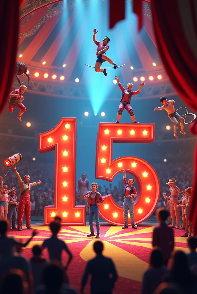 Design me a 3d circus image, and write in big letters 15 and Sofi in capital letters
