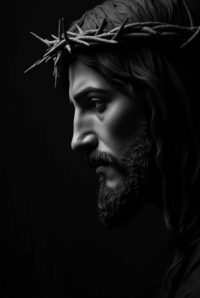 Black and gray image of Jesus in profile without the crown of thorns 