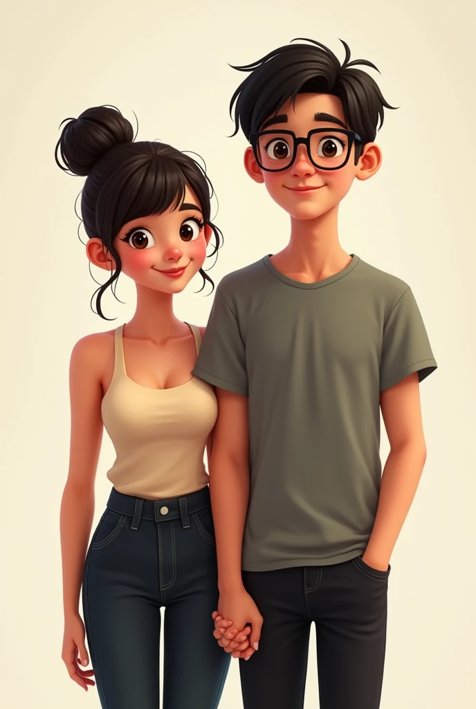 A couple arm in arm, The girl is smiling, she is of robust build with wide legs, small ears and light complexion., wide nose big brown eyes hair in a bun and straight curtain bangs, She wears a beige tank top and black jeans. The boy with a thin build, tez morena, He wears square glasses, a wide nose, small eyes, short dark straight hair, small ears, and wears black jeans and a gray t-shirt. He is the protagonist of a Disney Pixar movie. Digital art.