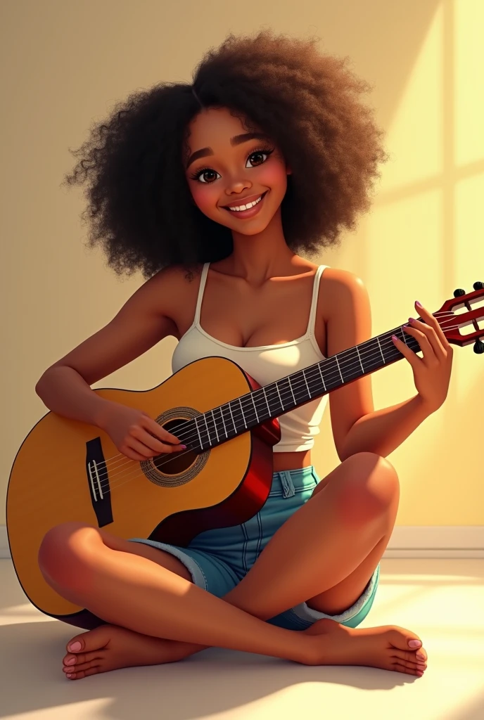 Beautiful black girl with curly hair sitting with streched legs on bright floor smiling and playing guitar. Tank top, hotpants, barefoot