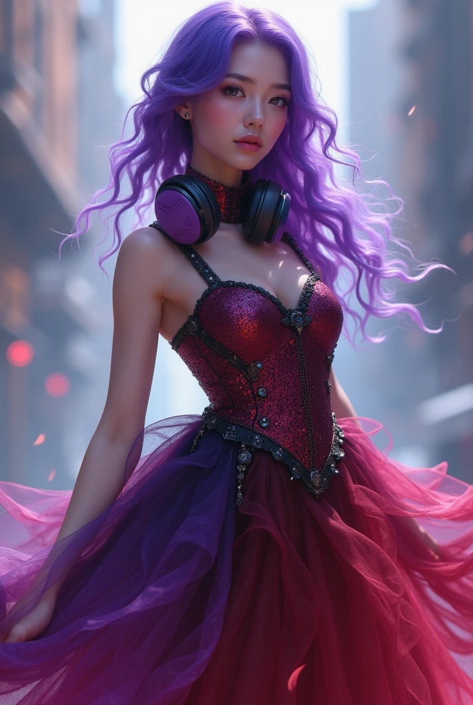 Korean purple hair butterfly woman with headphone and transparent red purple and black dress perfect full body 
