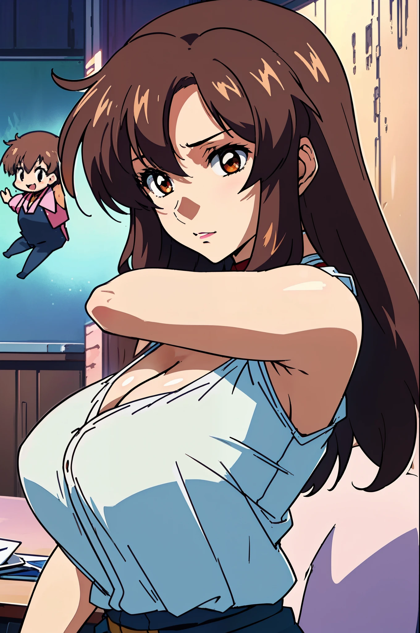 (Armpit Show),(Sleeveless),(Tabletop, Highest quality, High resolution:1.5, Anime Color, Megami Magazine:1.2, Anime poster style, Anime key visual, sharp, 8k, Realistic), (Beautiful attention to detail:1.5, Beautifully detailed face:1.2), Murue Ramius, One person, blush, (Brown Hair, Medium Hair), (Huge saggy breasts), (:1.2, Very good), Upper Body, (Perfectly detailed , Beautiful detailed hair, Beautiful and exquisite body:1.2, Glowing Skin), (Thick outline, Beautiful contours, Black outline), Simple Background:1.5