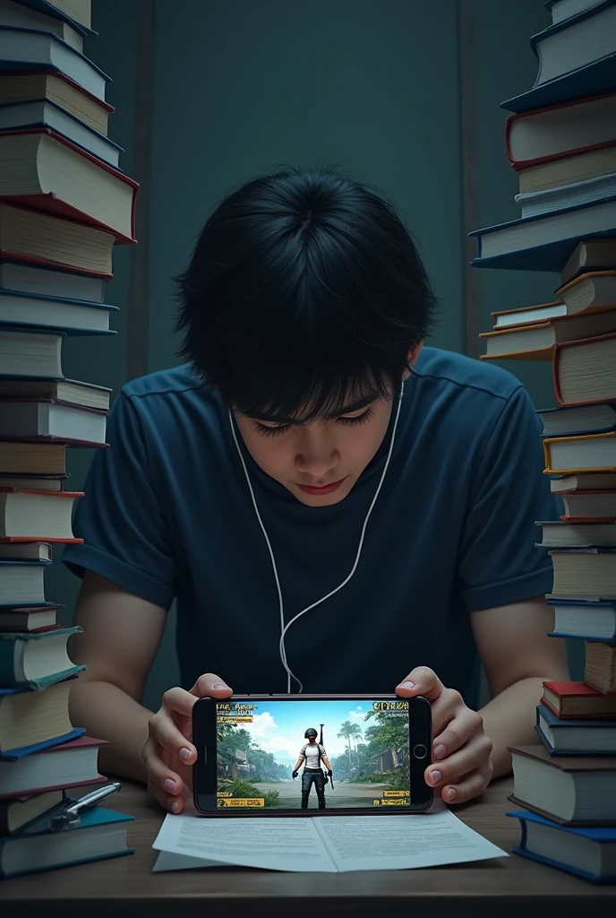 Make a dp of a sad 18 year boy who are stuck in bulk of books. His earphone connected phone lying on the table in which horizontal Pubg game was running. No items is on his hand.
Ensure that Pubg game should clearly visible in phone.