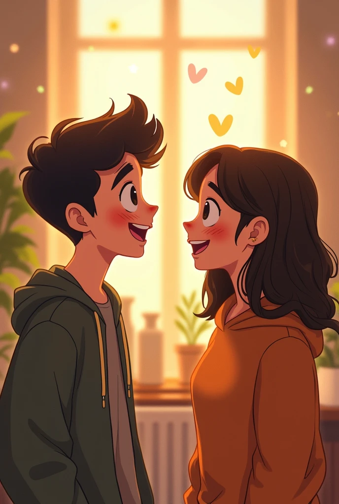 Maya saw it and laughed, saying, 'You're so shy! But I love you too.'"

Maya is laughing heartily, her eyes bright with joy, holding the paper with the smiley face. Akash stands opposite her, looking surprised and relieved, with a slight smile forming on his face.