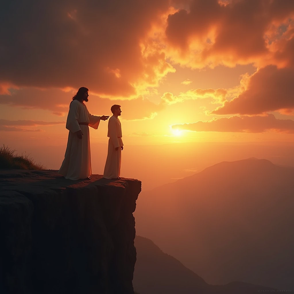 Depict a person standing at the edge of a cliff at sunrise, with rays of light breaking through dark clouds. Jesus stands beside them, His hand on their shoulder, symbolizing hope and the assurance that God works for their good.