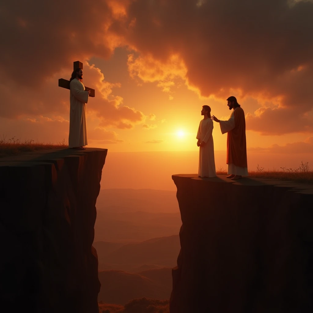 Depict a person standing at the edge of a cliff at sunrise, with rays of light breaking through dark clouds. Jesus stands beside them, His hand on their shoulder, symbolizing hope and the assurance that God works for their good.