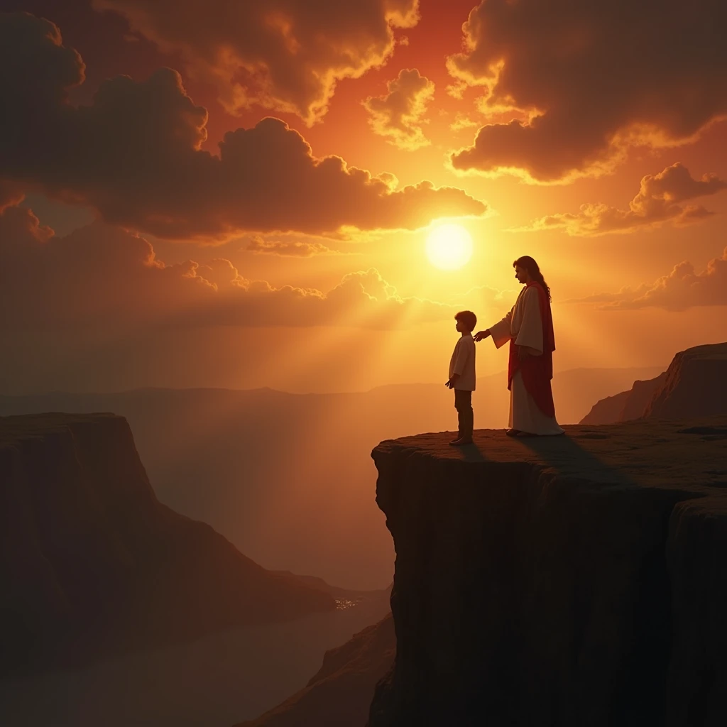 Depict a person standing at the edge of a cliff at sunrise, with rays of light breaking through dark clouds. Jesus stands beside them, His hand on their shoulder, symbolizing hope and the assurance that God works for their good.