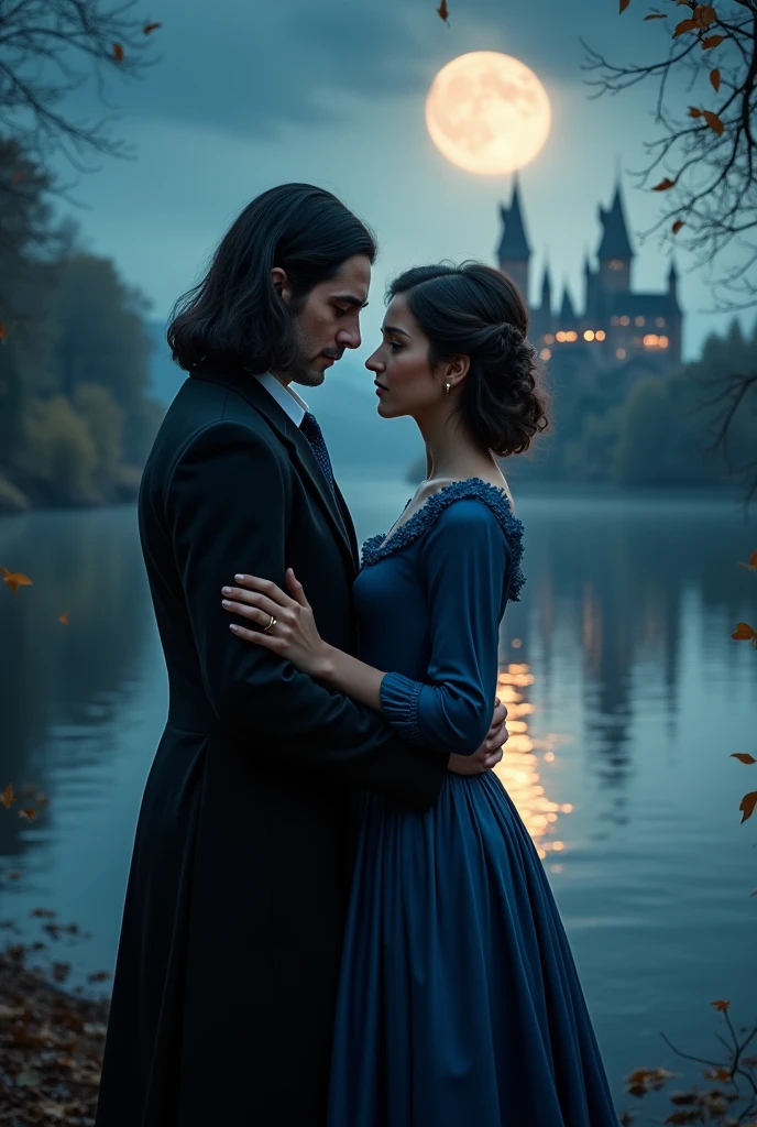 couple posing for a photo in front of a lake, north snape (alan rickman) from harry potter, girl in a victorian indigo dress, medium length hair arranged in neat curls, beautiful couple, not looking at the camera, face turned three quarters of the way to each other, hogwarts, night, moon, glare, 8K)))), Kim Doyoung, 🚿🗝📝, Jinyoung Shin, 🍁 cute, couple pose, ❤🔥🍄🌪, nostalgic 8K, With bangs, Bae Suzy, ✨🕌🌙, 4k post, 4k post, 4k post, Oljan