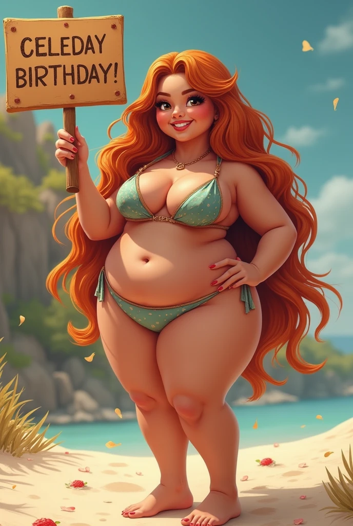 dwarf woman. standing. full body. sexy body, cute face, big mouth, long hair in swimsuit holding a sign saying "Happy Birthday Joan"