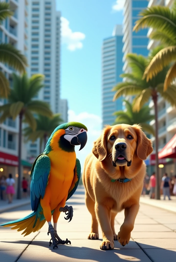 A dog walking next to a parrot walking through the streets of Brickell in Miami