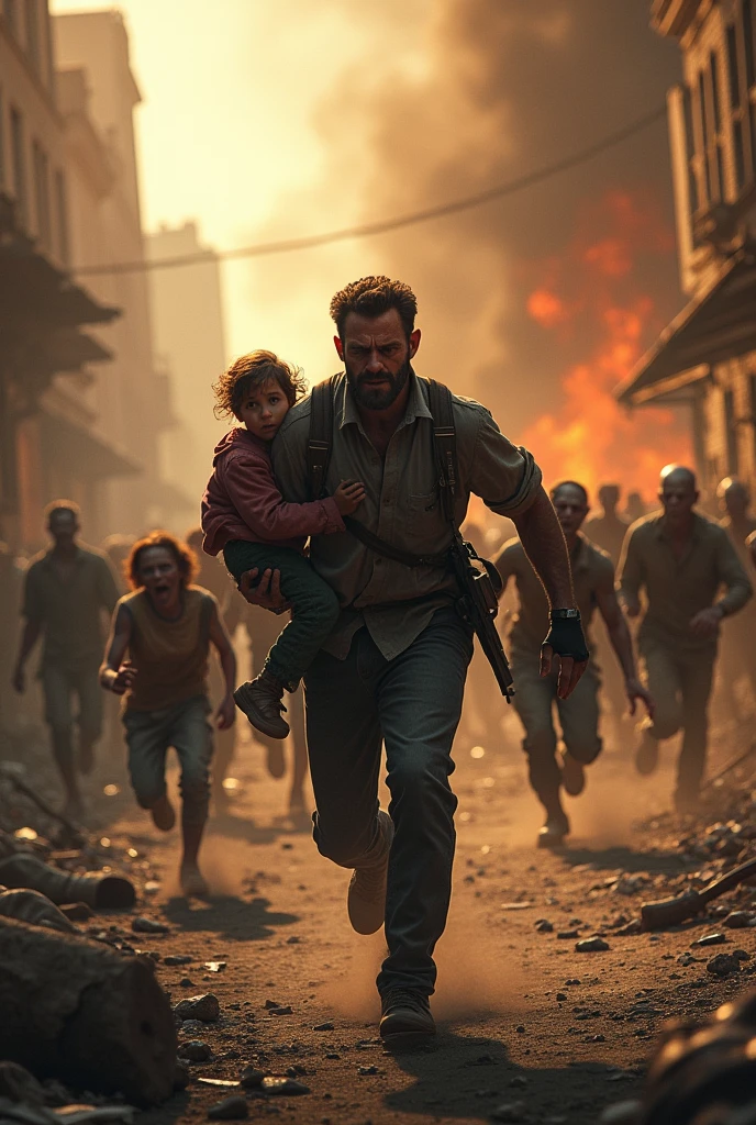 a man with the gun while holding a child is running from many zombies, destroyed city and burning cars background