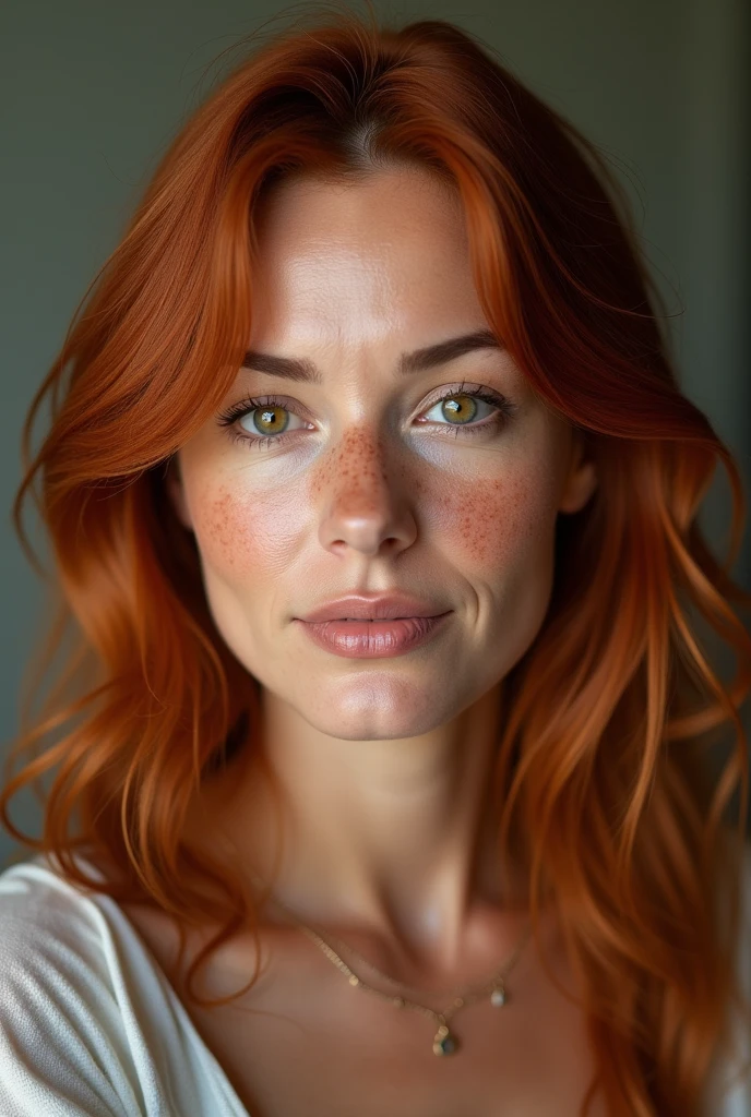 Photo of a 40 year old woman, redhead , freckled, 60kg, brown eyes with Latin features of an ordinary woman