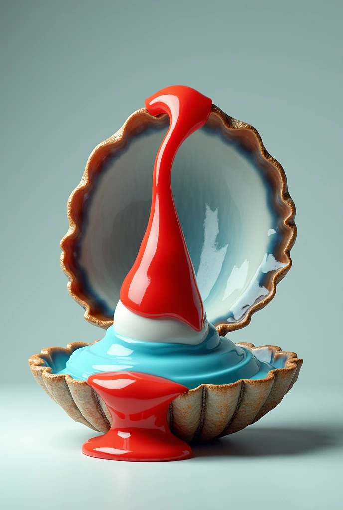 image of an open clam, with a red toothpaste ,blue white inside