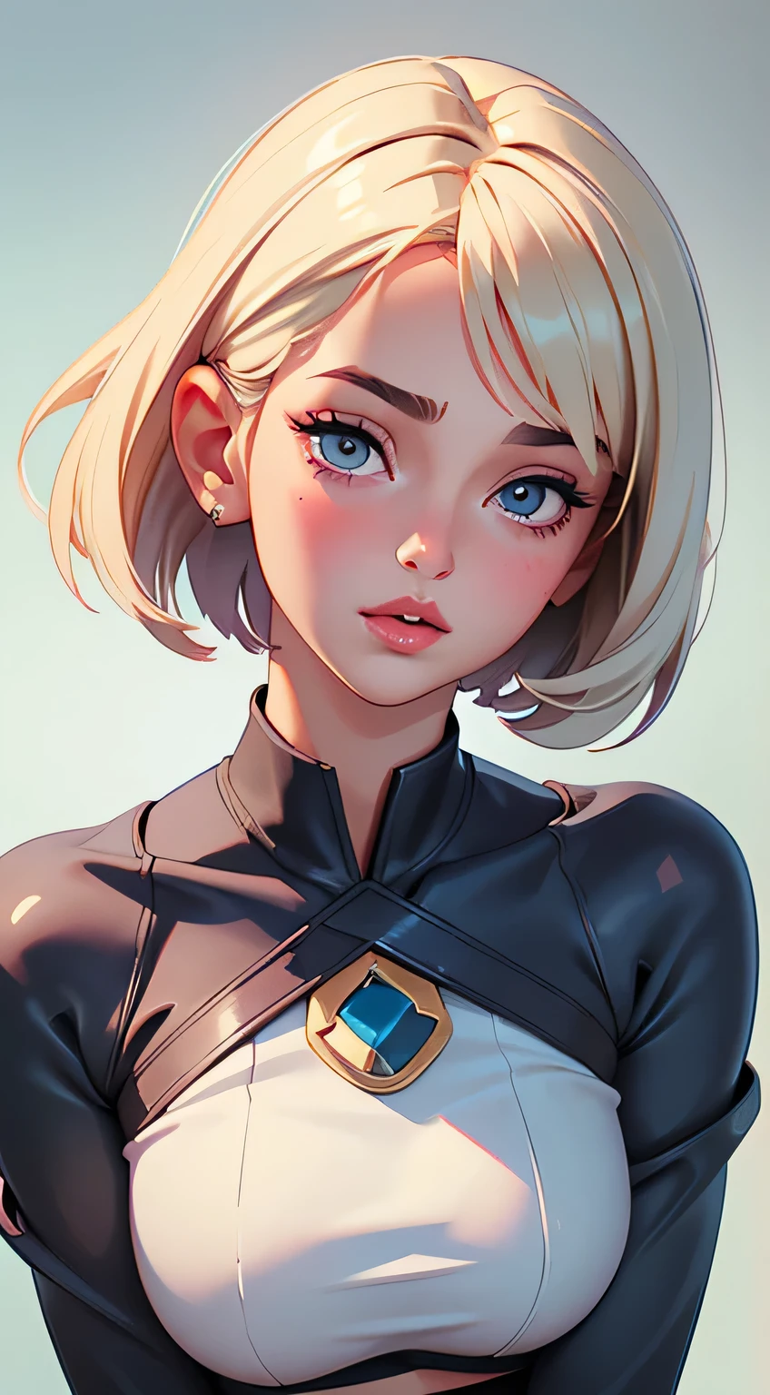 Amazing portrait of a sexy woman with her short hair in a bob style with her soft gentle eyes gazing at us seductively with her perfect lips parted wearing a tight white full sleeved crop top showcasing her medium chest and denim shorts showing her voluptuous body