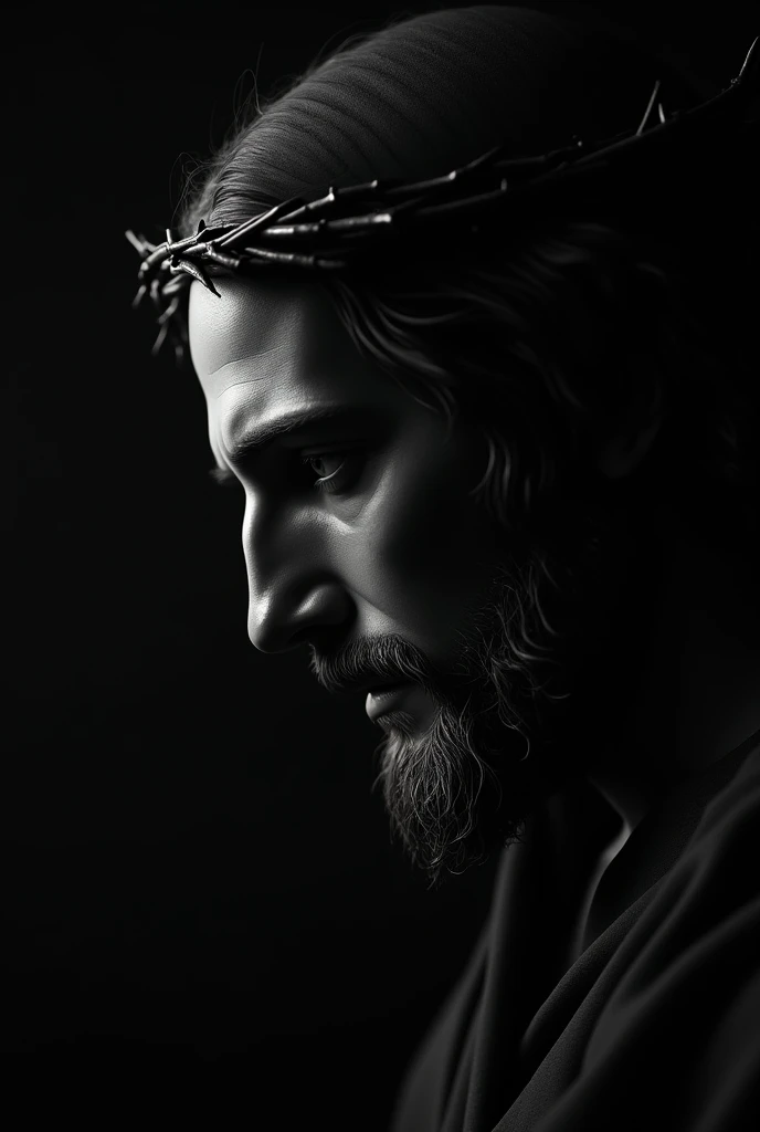Black and gray image of Jesus in profile without the crown of thorns 