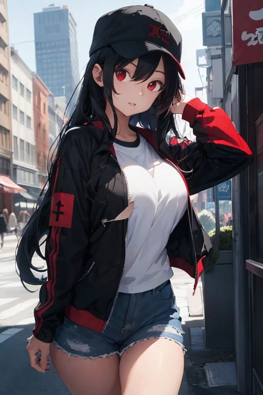 1 female, (two headed girl), black long hair, red eyes, cap, black jacket, white t-shirt, short, huge breast, thick legs, city, 2010s anime, store, blue sky, beautiful face, big lips, normal eyes, sexy body
