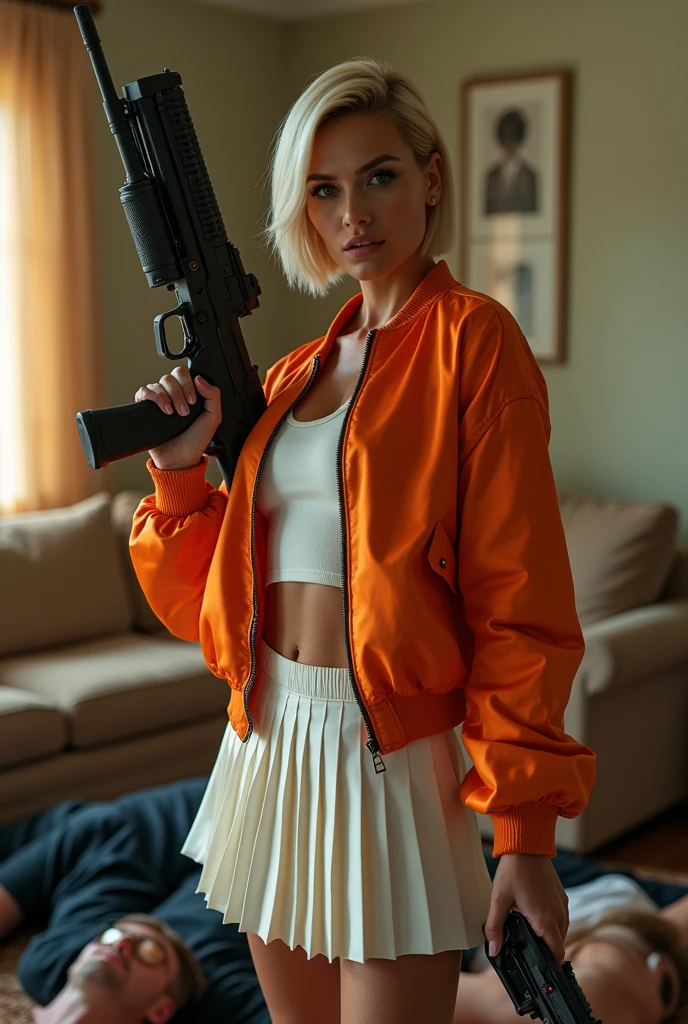 wide depth of field, wide depth of focus, f/11 lens setting, all objects in focus, full color image, woman with ar15, holding at15 rifle, living room background, full body image, (orange and white short cropped soft shiny satin bomber jacket), zipped up jacket, pleated shiny satin mini skirt, woman posing with am ar15 rifle,,pistol in one hand, pure form, intricate details, 8K post-production, high resolution, super detailed, Popular topics on Artstation,, Studio photos, intricate details, Very detailed, huge pile of defeated men lay on unconscious with closed eyes on the floor in the background