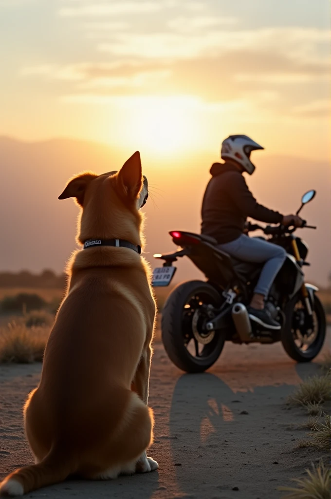 Dog and its owner looking at the horizon and a motorcycle next to it 