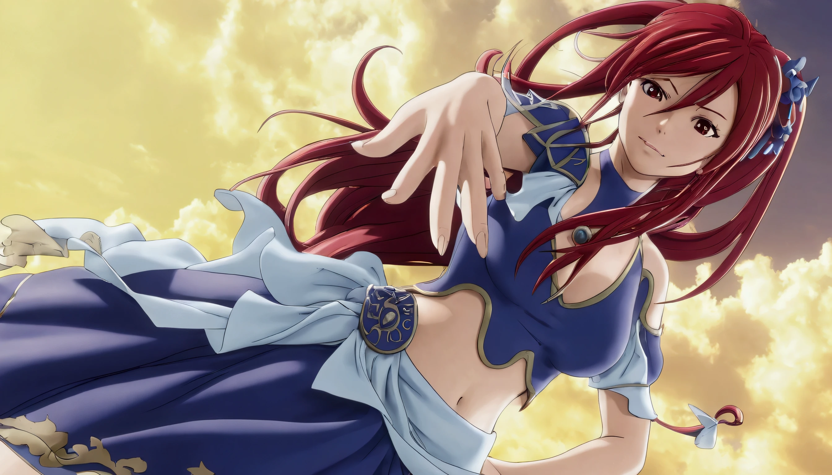 Full 3D girl with long red hair and blue dress in the air, erza scarlet as a real person, realistic