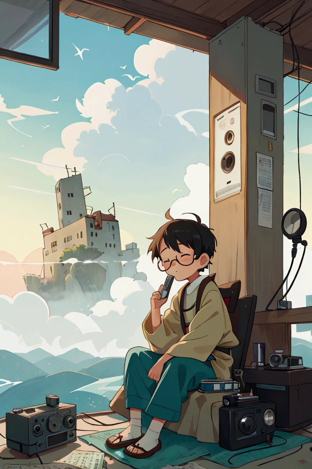 Picture book style, camera captures an 1 short haired otaku boy with glasses in the distance, he is sitting in meditation with a small old radio next to him in front of a large sea of clouds at sunrise, he has closed his eyes and is meditating, there are remnants of what appears to be buildings on some hills in the distance, deep music is playing from the radio. Peaceful music is playing on the radio.