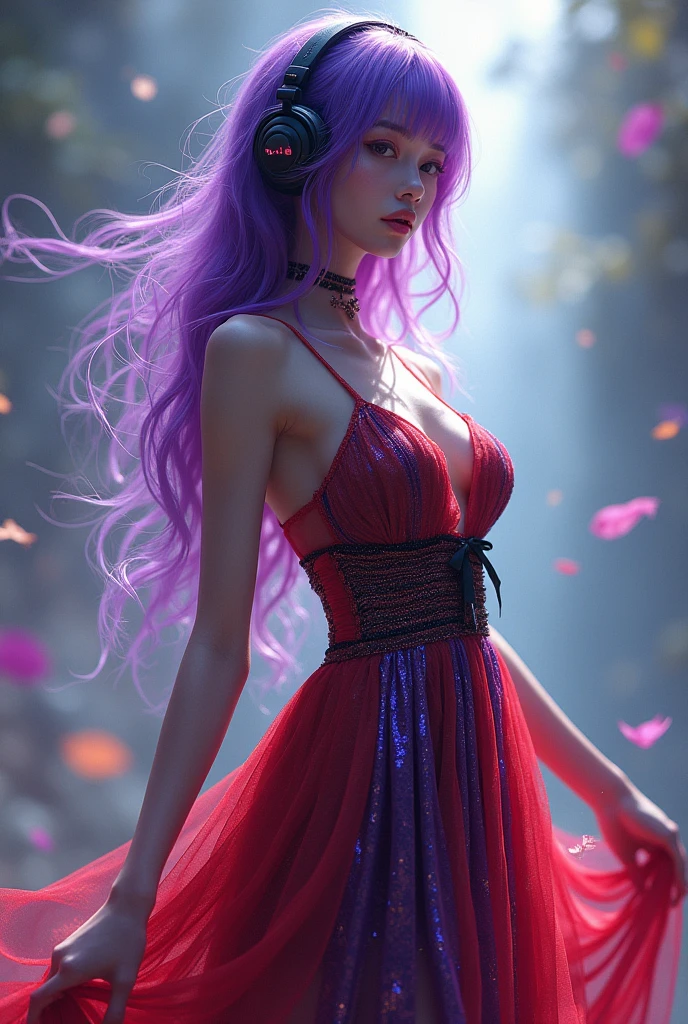 Korean purple hair butterfly woman with headphone and transparent red purple and black dress perfect full body