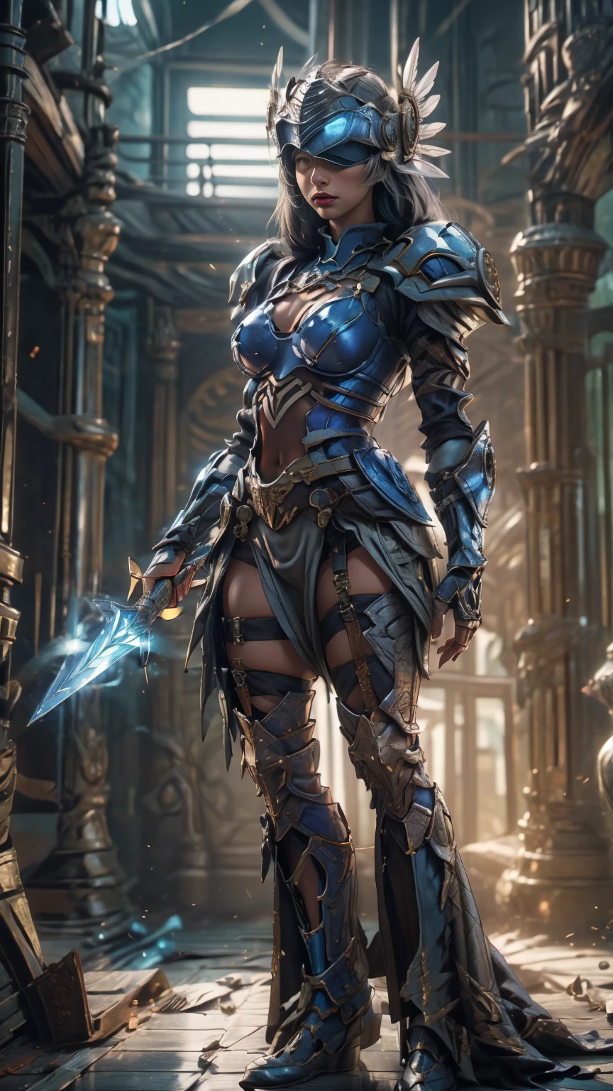 Make a 'kitbash' of Lenneth from 'Valkyrie profile' and 2B from 'Nier: Automata', combine 2B and Lenneth, solo, 1girl, BREAK: ((bright sapphire blue plate mech4rmor)), (keyhole cutout), (blue helmet with blindfold visor down:1.32), thigh cutout, long skirt, wings, BREAK: standing contrapposto, holding glowing spear, light smile, (strong arms), (strong thighs), (strong calves:1.27) , BREAK: plains, castle, BREAK: (better hands, best hands,) (insanely detailed, masterpiece, best quality), strong_negative, Chinese style