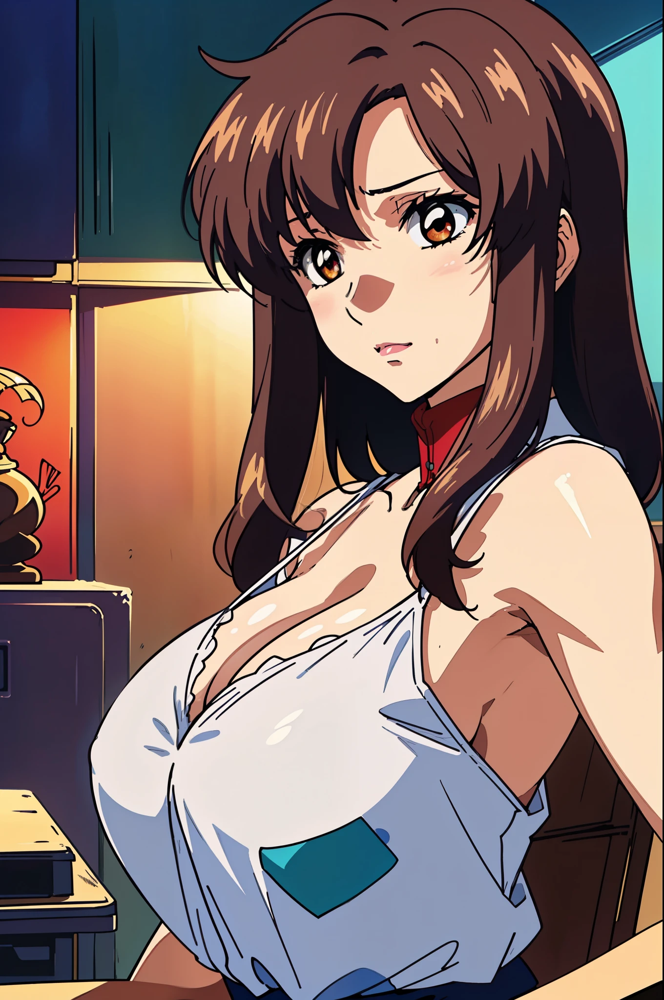 (Armpit Show),(Sleeveless),(Tabletop, Highest quality, High resolution:1.5, Anime Color, Megami Magazine:1.2, Anime poster style, Anime key visual, sharp, 8k, Realistic), (Beautiful attention to detail:1.5, Beautifully detailed face:1.2), Murue Ramius, One person, blush, (Brown Hair, Medium Hair), (Huge saggy breasts), (negligee:1.2, Very good), Upper Body, (Perfectly detailed anatomy, Beautiful detailed hair, Beautiful and exquisite body:1.2, Glowing Skin), (Thick outline, Beautiful contours, Black outline), Simple Background:1.5