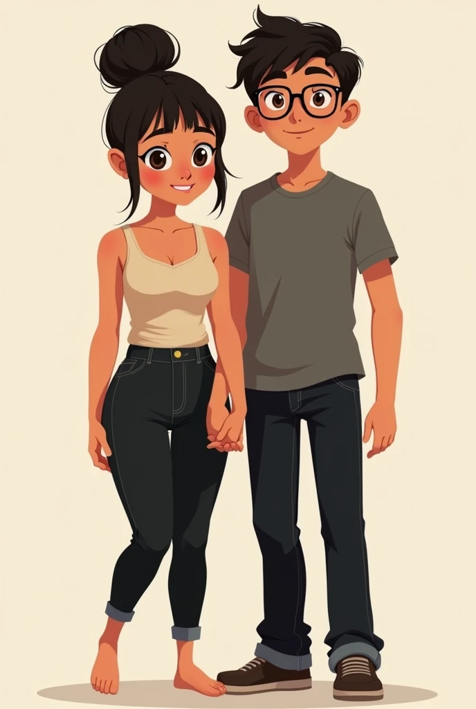 A short, chubby woman with red lipstick on makeup, brown eyes, shoulder-length wavy black hair, glasses, small transparent oval, red crochet mini dress, high-heeled sandals, man, wide face, curly black hair, black eyes, jeans, white shirt and sneakers, him handing over a 3D heart to she . 