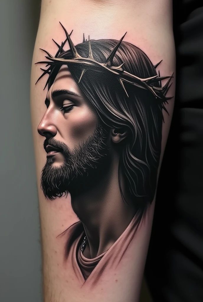 black and gray tattoo of Jesus in profile without the crown of thorns