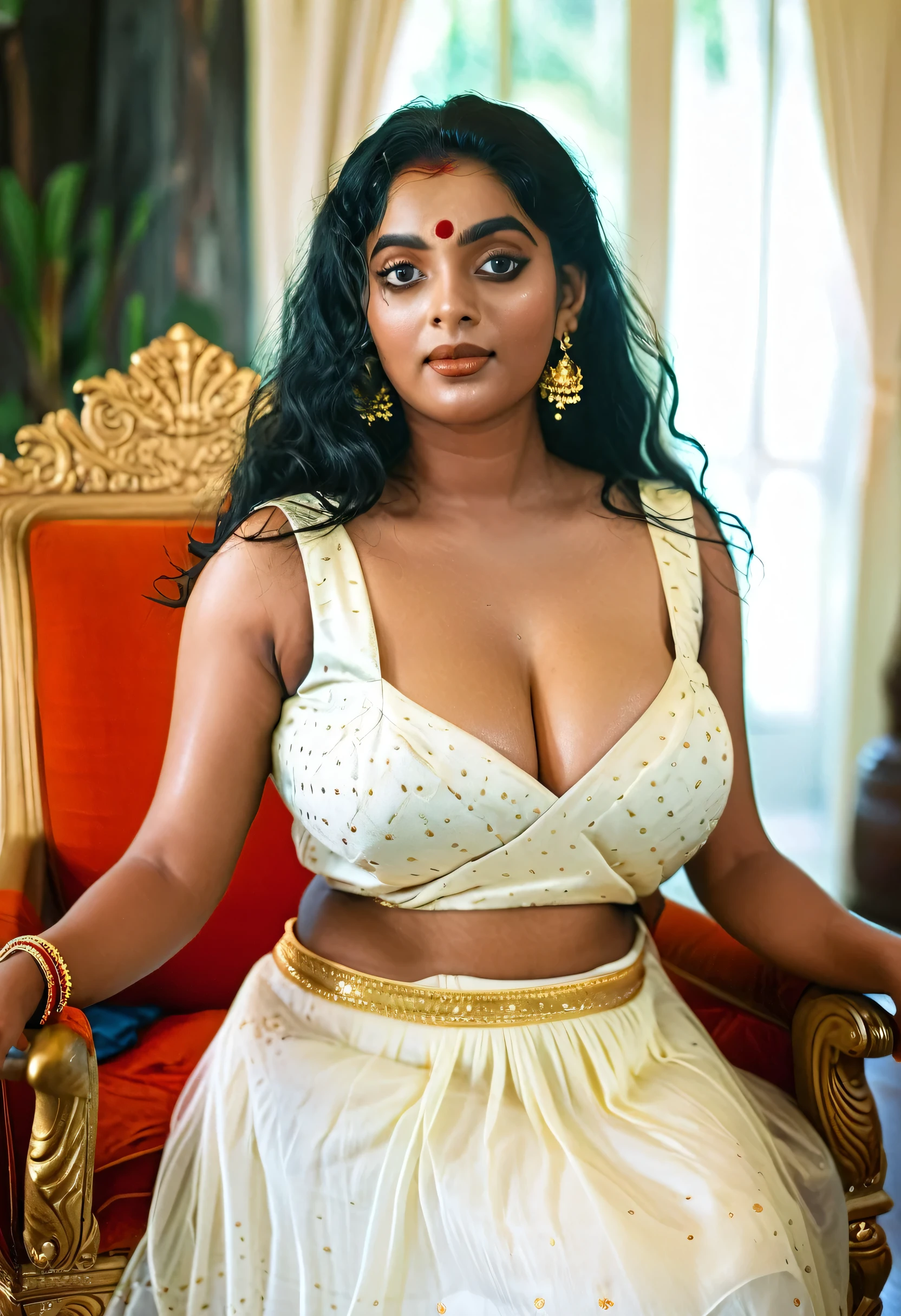 (((photo of a ancient kerala hindu devi))), (((black royal lady))) ,(((eyes))) ((((legs wide open)))), ((((sat on golden haven chair))), (((Half Body))), (((very dark skin))), (((age 35+))), (((((very dark nipple and areola))))), (((plus size chubby tall))), (((huge busty milky wet big massive boobs))), (((nude thick thigh))), (((ancient black mini skirt))), ((black skin dark body)), (((white mini skirt))), (((depth of field))), ((( spooky))),(((divine))), photorealistic,photo, realism, Getty Images, RAW candid cinema, 16mm, colour graded portra 400 film, remarkable colour, ultra realistic, textured skin, remarkable detailed pupils, realistic dull skin noise, visible skin detail, skin fuzz, dry skin, shot with cinematic,light leaks, RAW Image, DOF, depth of field,bokeh,