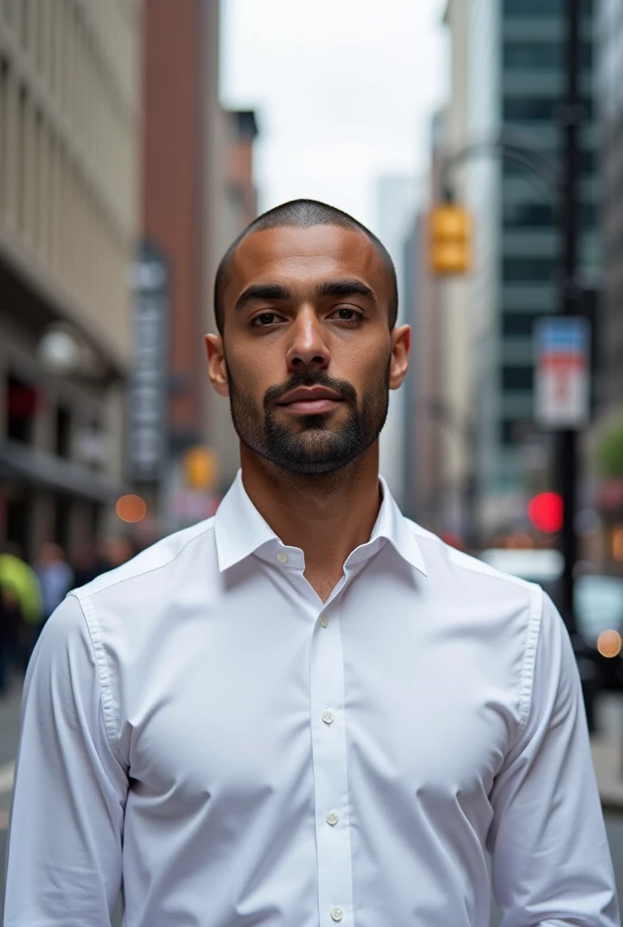 Photo of a man in a white shirt and the same man on the street