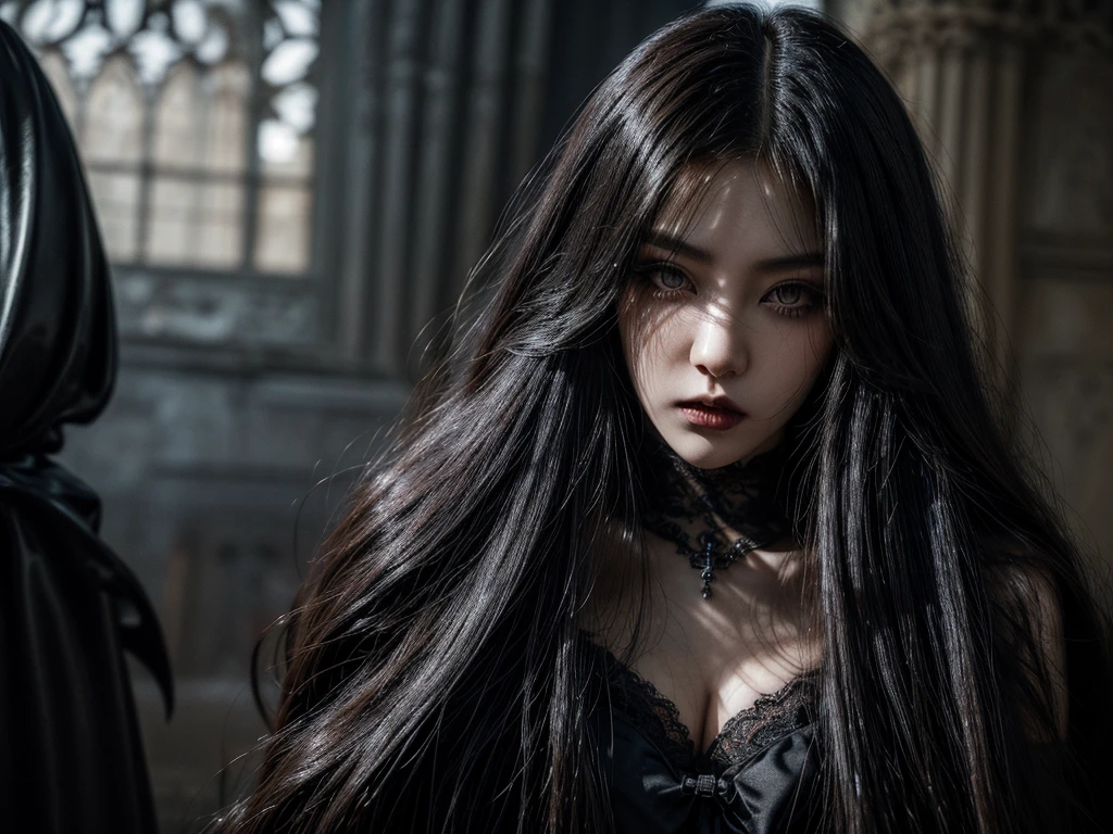 ((1 girl)), ((only one woman), a highly detailed photorealistic image, half-body, a close up of a beautiful japanese woman, long hair with bangs, dreamy gothic girl, gothic make-up, she is a vampire, beautiful face, detailed face, elegant render, half body photo, mistress, photoshop render, cinematic lighting, ebony rococo, elegant girl, female spy, haunting beautiful young woman, detailed face, (gothic makeup), , long eyelashes, extravagant lace dress, lace, beauty girl, very femenine, abandoned gothic cathedral at background, dark haze atmoosphere, ambient dust